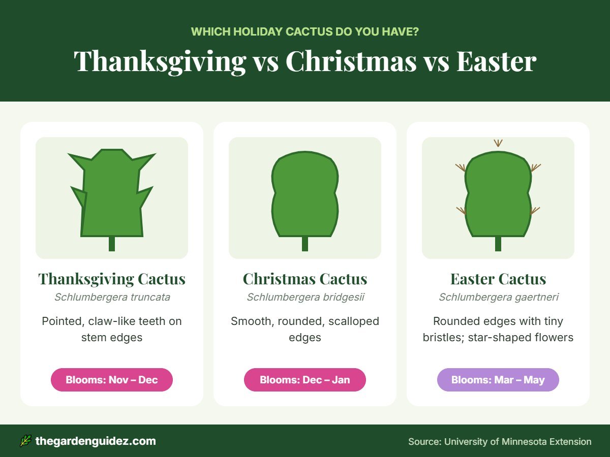 Comparison of Thanksgiving, Christmas and Easter cactus stem shapes and bloom times